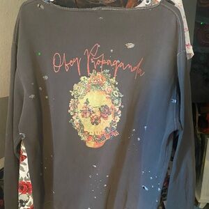 OBEY Distressed Grayish/Army Green “Off one shoulder” Sweatshirt w/LG pocket